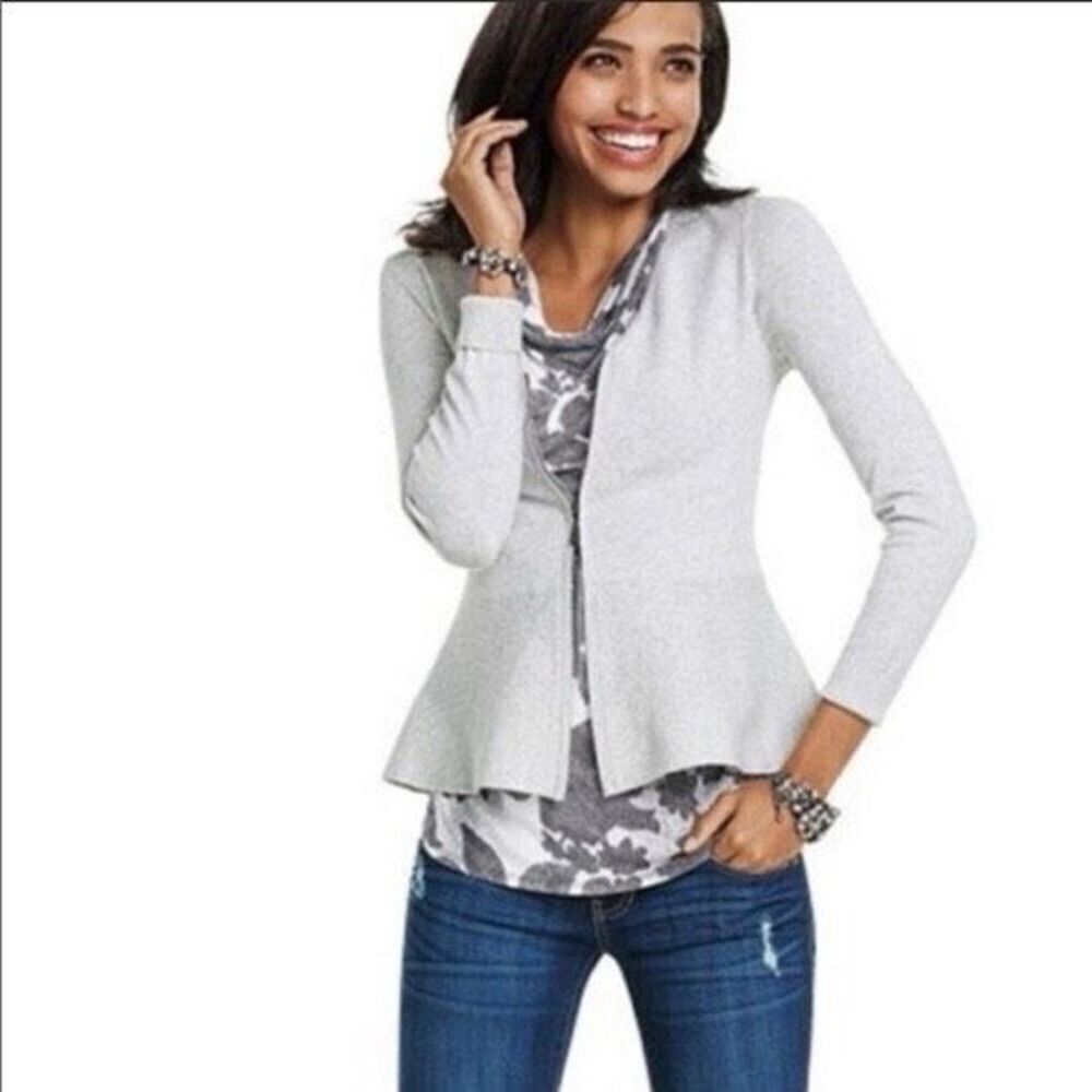 CAbi Willow Light Gray Double Zip Peplum Cardigan Sz M Preppy, Casual